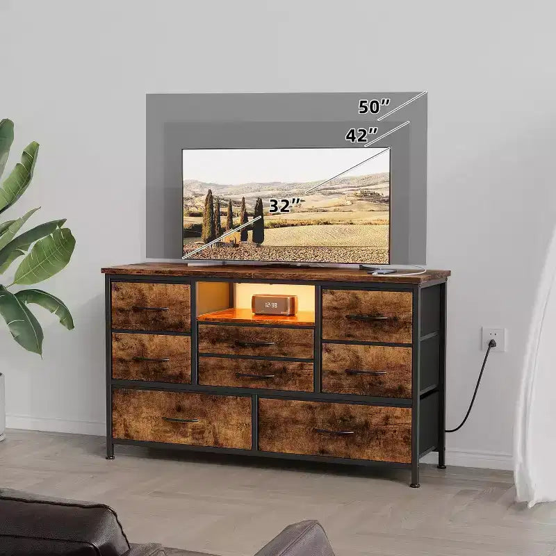 COZONY Commode TV 8 Tiroirs 119 cm de Large - Meuble de Rangement Spacieux avec Prises Électriques pour Chambre, Salon et Entrée