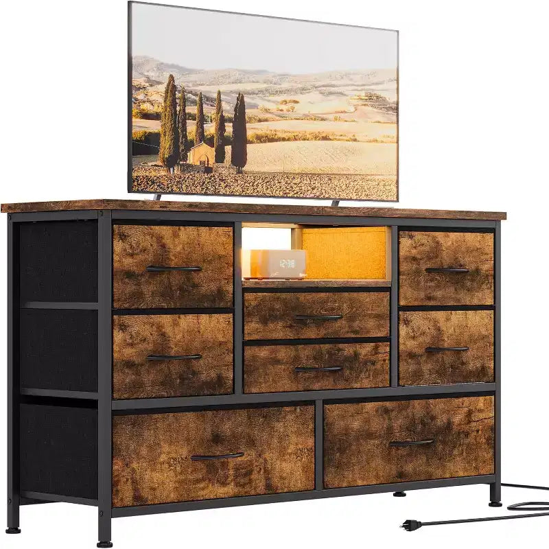 COZONY Commode TV 8 Tiroirs 119 cm de Large - Meuble de Rangement Spacieux avec Prises Électriques pour Chambre, Salon et Entrée