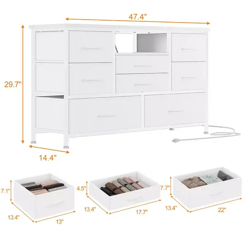 COZONY Commode TV 8 Tiroirs 119 cm de Large - Meuble de Rangement Spacieux avec Prises Électriques pour Chambre, Salon et Entrée