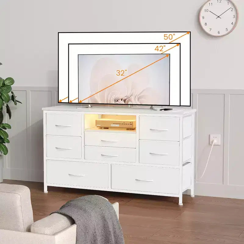 COZONY Commode TV 8 Tiroirs 119 cm de Large - Meuble de Rangement Spacieux avec Prises Électriques pour Chambre, Salon et Entrée