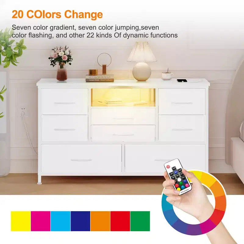 COZONY Commode TV 8 Tiroirs 119 cm de Large - Meuble de Rangement Spacieux avec Prises Électriques pour Chambre, Salon et Entrée