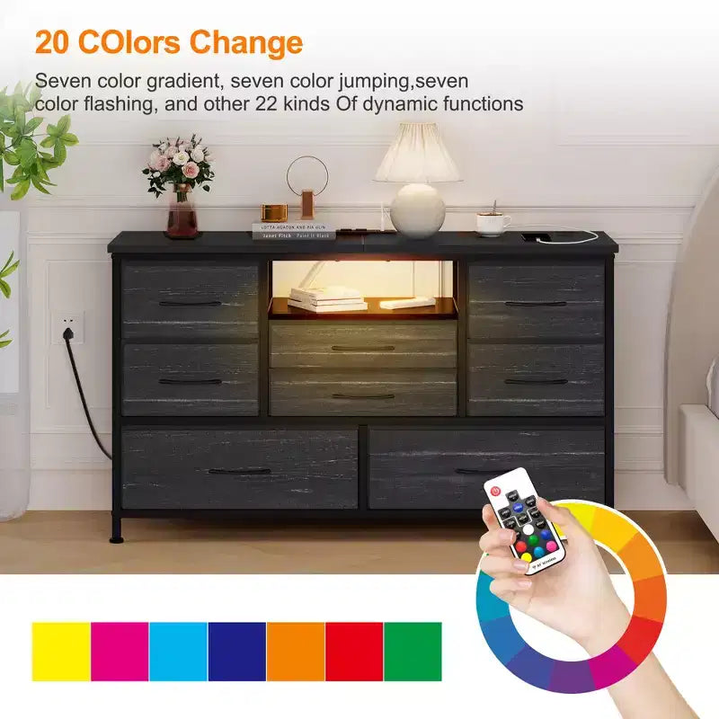 COZONY Commode TV 8 Tiroirs 119 cm de Large - Meuble de Rangement Spacieux avec Prises Électriques pour Chambre, Salon et Entrée