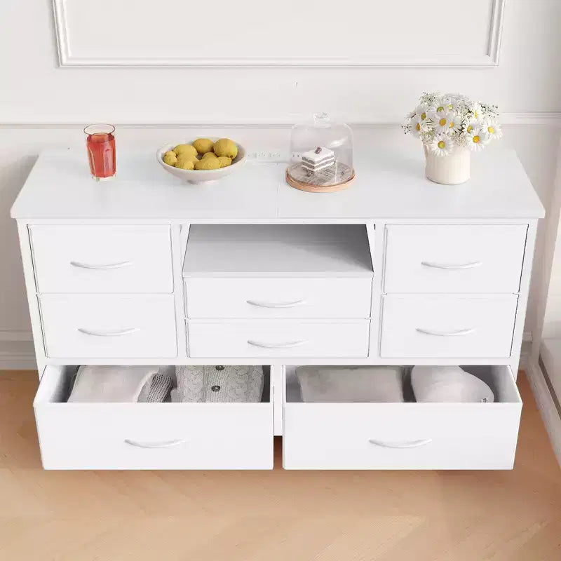COZONY Commode TV 8 Tiroirs 119 cm de Large - Meuble de Rangement Spacieux avec Prises Électriques pour Chambre, Salon et Entrée
