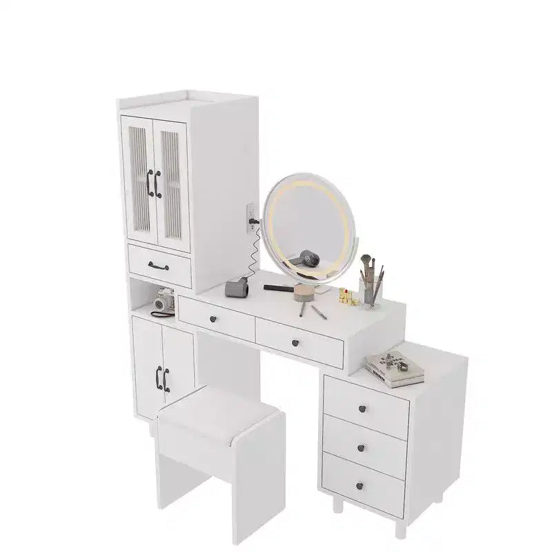 Ensemble de dressing combiné avec 4 portes et 6 tiroirs, en aggloméré blanc aspect lin associé au triamide