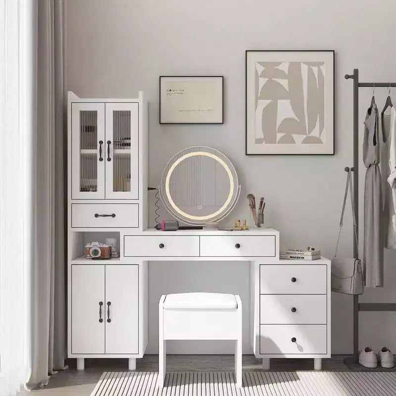 Ensemble de dressing combiné avec 4 portes et 6 tiroirs, en aggloméré blanc aspect lin associé au triamide
