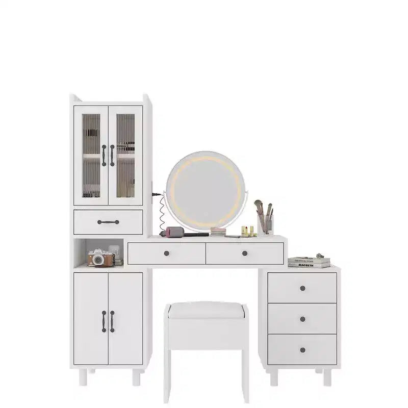 Ensemble de dressing combiné avec 4 portes et 6 tiroirs, en aggloméré blanc aspect lin associé au triamide
