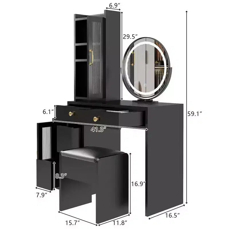 Black Linen Particle Board 4-Door 6-Drawer LED Three-Color Mirror Dresser Set with Interchangeable Left and Right Drawer Compartments