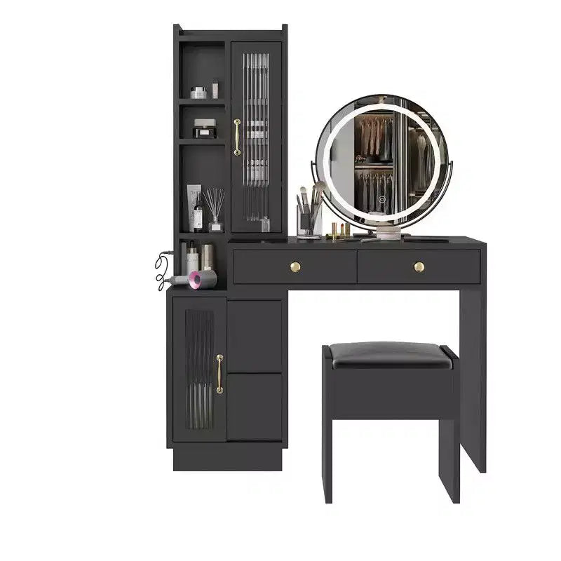 Commode avec miroir tricolore à LED, 4 portes, 6 tiroirs, en panneau de particules de lin noir, avec compartiments de tiroirs interchangeables à gauche et à droite