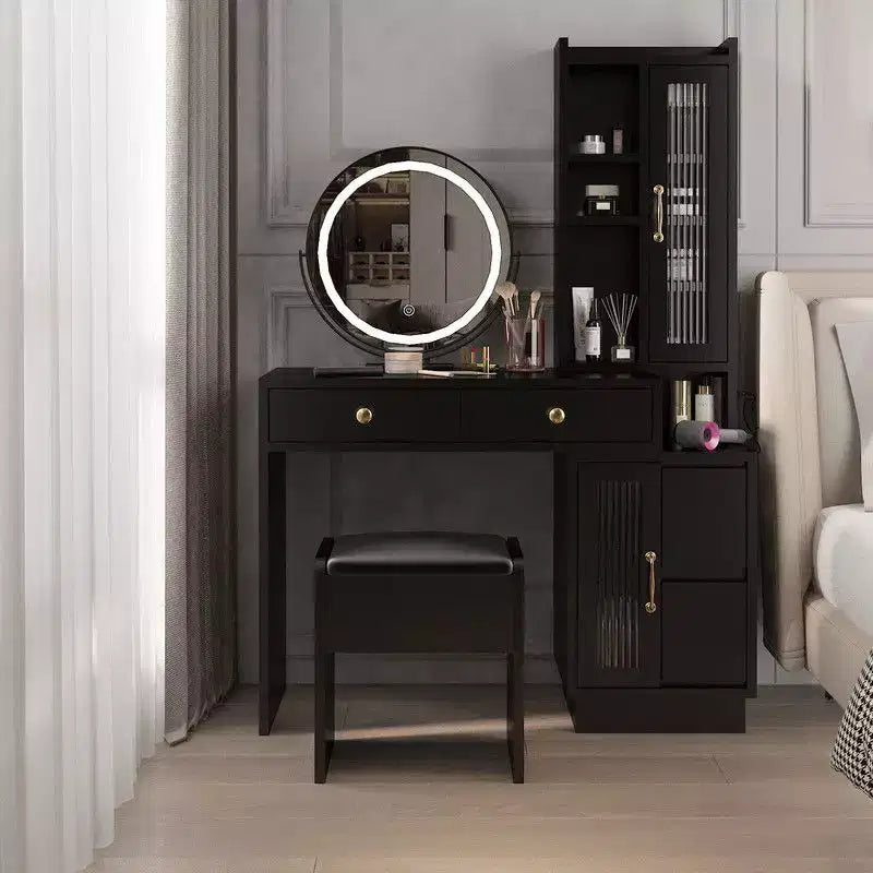 Commode avec miroir tricolore à LED, 4 portes, 6 tiroirs, en panneau de particules de lin noir, avec compartiments de tiroirs interchangeables à gauche et à droite