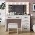 White Linen Particleboard with Tricot 7 Drawers with 12 Tri-color Dimmable Bulbs Plugs Glass Top Dressing Table Set