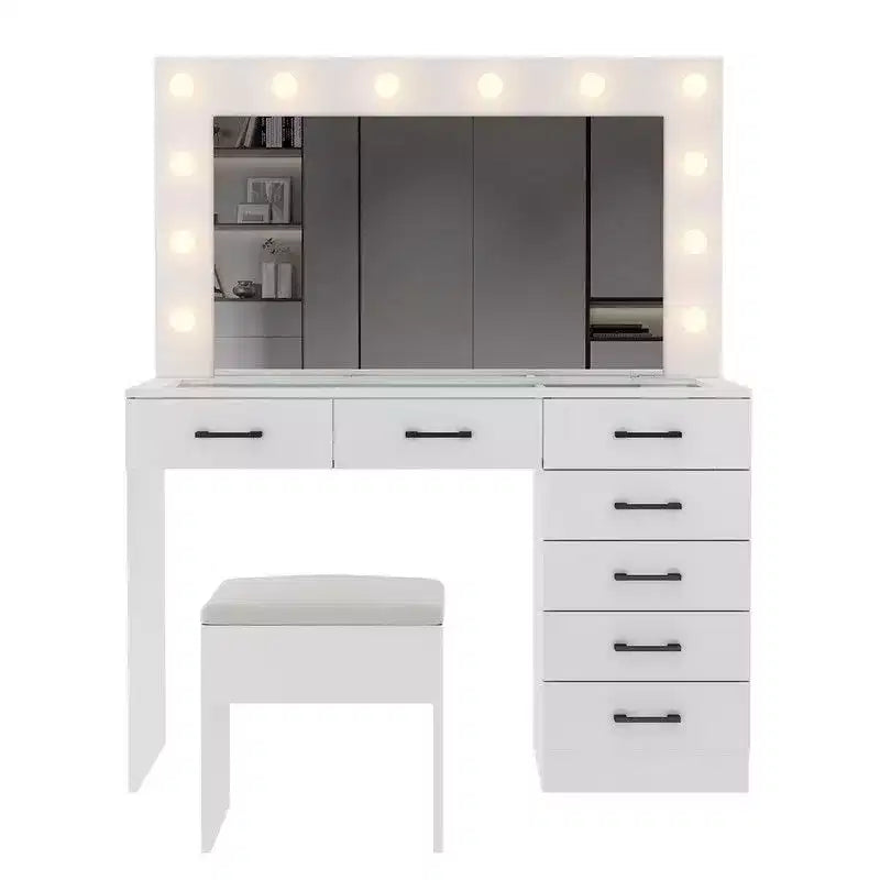 Ensemble de coiffeuse en aggloméré blanc avec revêtement en tricot, 7 tiroirs et 12 ampoules tricolores à intensité variable, prises et plateau en verre