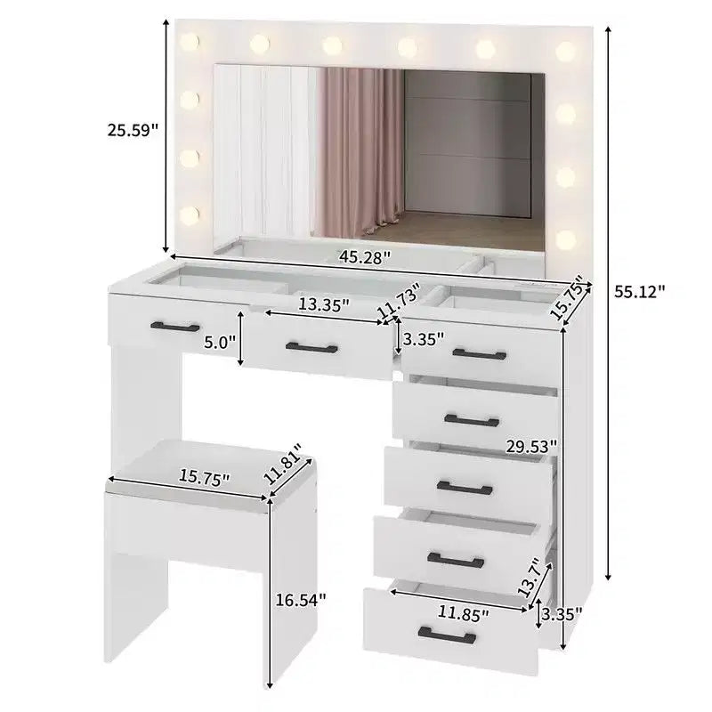 Ensemble de coiffeuse en aggloméré blanc avec revêtement en tricot, 7 tiroirs et 12 ampoules tricolores à intensité variable, prises et plateau en verre