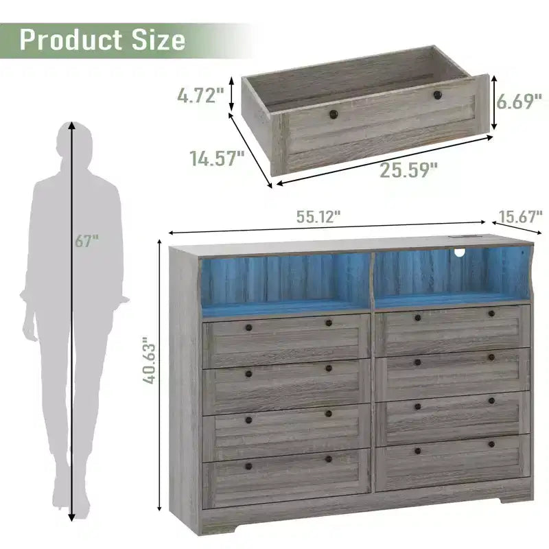 Coolmee Commode en bois pour chambre à coucher avec 8 tiroirs, commode moderne en bois avec lumières LED et prise de courant, commode de 140 cm de large, meuble TV