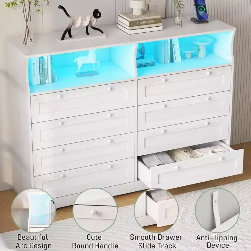 Coolmee Commode en bois pour chambre à coucher avec 8 tiroirs, commode moderne en bois avec lumières LED et prise de courant, commode de 140 cm de large, meuble TV