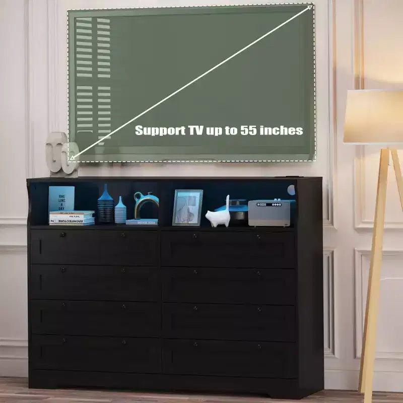 Coolmee Commode en bois pour chambre à coucher avec 8 tiroirs, commode moderne en bois avec lumières LED et prise de courant, commode de 140 cm de large, meuble TV
