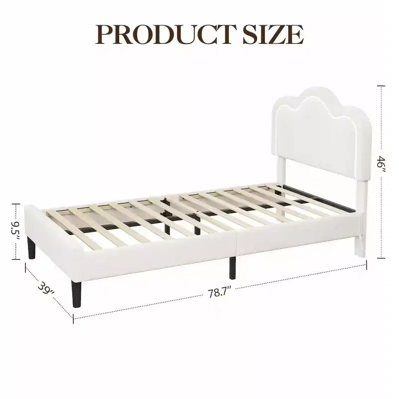 Lit plateforme COZONY pour enfants avec néons LED Tête de lit capitonnée en forme de montagne pour chambre de garçons et filles, Meubles modernes pour enfants, Blanc
