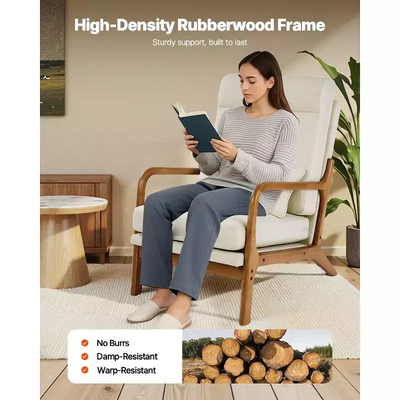 Fauteuil d'appoint VEVOR, fauteuil à dossier haut style scandinave avec cadre en bois massif et pieds antidérapants, fauteuil de loisirs rembourré, beige