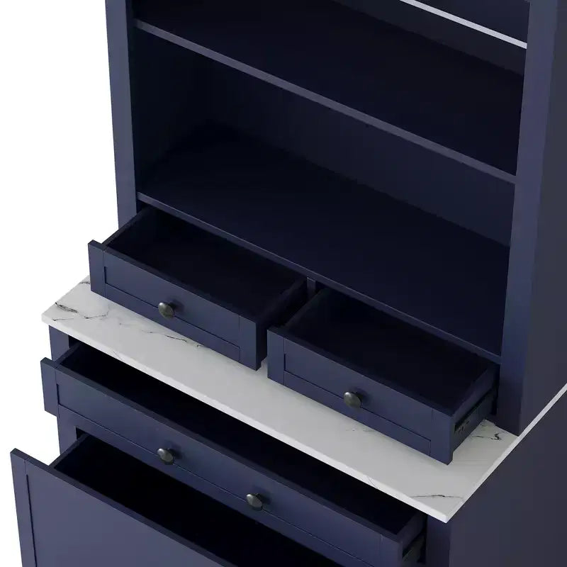 Meuble de Rangement de Cuisine Autoportant avec Tiroirs et Étagères, Grande Armoire de Cuisine avec Plateau Effet Marbre