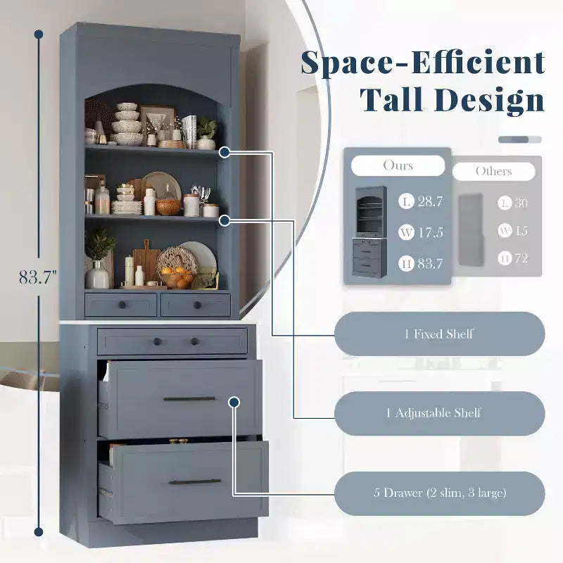 Meuble de Rangement de Cuisine Autoportant avec Tiroirs et Étagères, Grande Armoire de Cuisine avec Plateau Effet Marbre