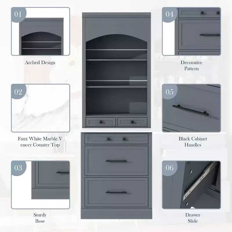 Meuble de Rangement de Cuisine Autoportant avec Tiroirs et Étagères, Grande Armoire de Cuisine avec Plateau Effet Marbre