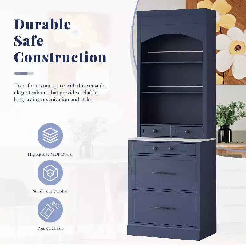 Meuble de Rangement de Cuisine Autoportant avec Tiroirs et Étagères, Grande Armoire de Cuisine avec Plateau Effet Marbre