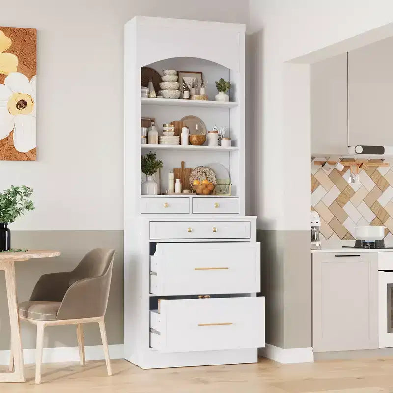 Meuble de Rangement de Cuisine Autoportant avec Tiroirs et Étagères, Grande Armoire de Cuisine avec Plateau Effet Marbre