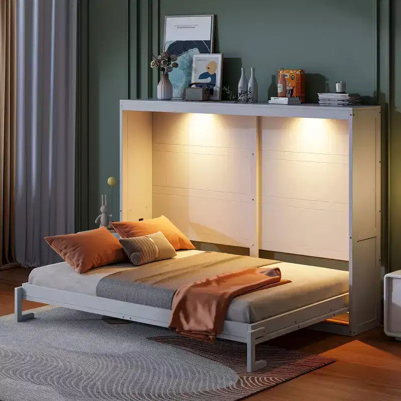 Lit escamotable Queen Size avec armoire, cadre de lit escamotable en bois avec commode, lit mural pliant pour chambre à coucher