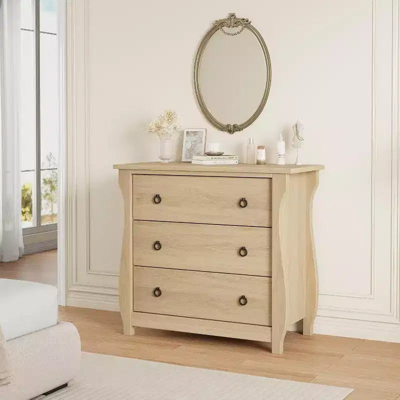 Commode à 3 tiroirs - Commode haute de style bohème avec pieds incurvés, accents en rotin et rangement autoportant pour salon, chambre, entrée ou balcon