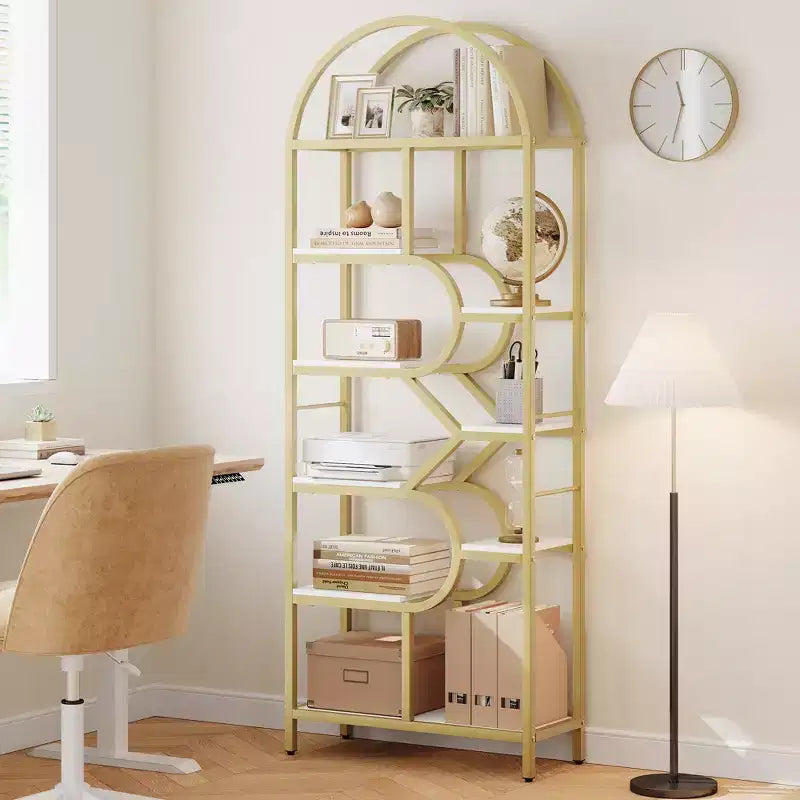 Étagère arquée de 81,7 po de hauteur à 6 niveaux avec cadre en métal, étagère de présentation ouverte géométrique pour chambre, salon et bureau