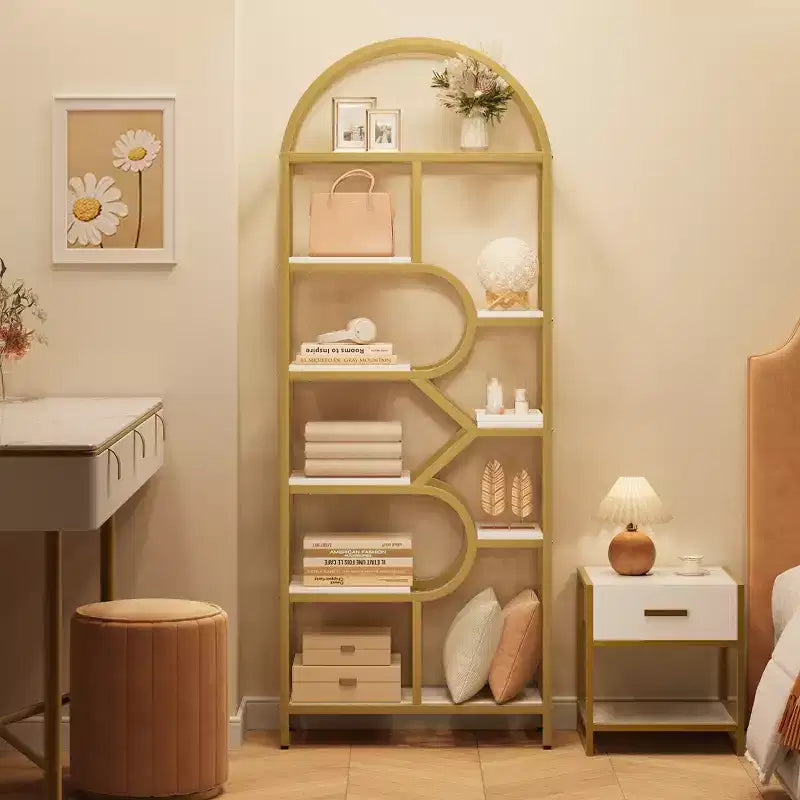 Étagère arquée de 81,7 po de hauteur à 6 niveaux avec cadre en métal, étagère de présentation ouverte géométrique pour chambre, salon et bureau