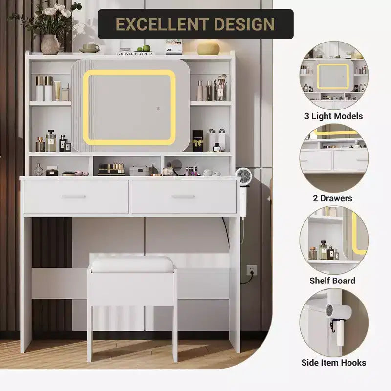 Coiffeuse avec miroir coulissant, lumières LED et station de recharge, coiffeuse compacte de 100 cm (39'') de large avec tabouret pour petites chambres