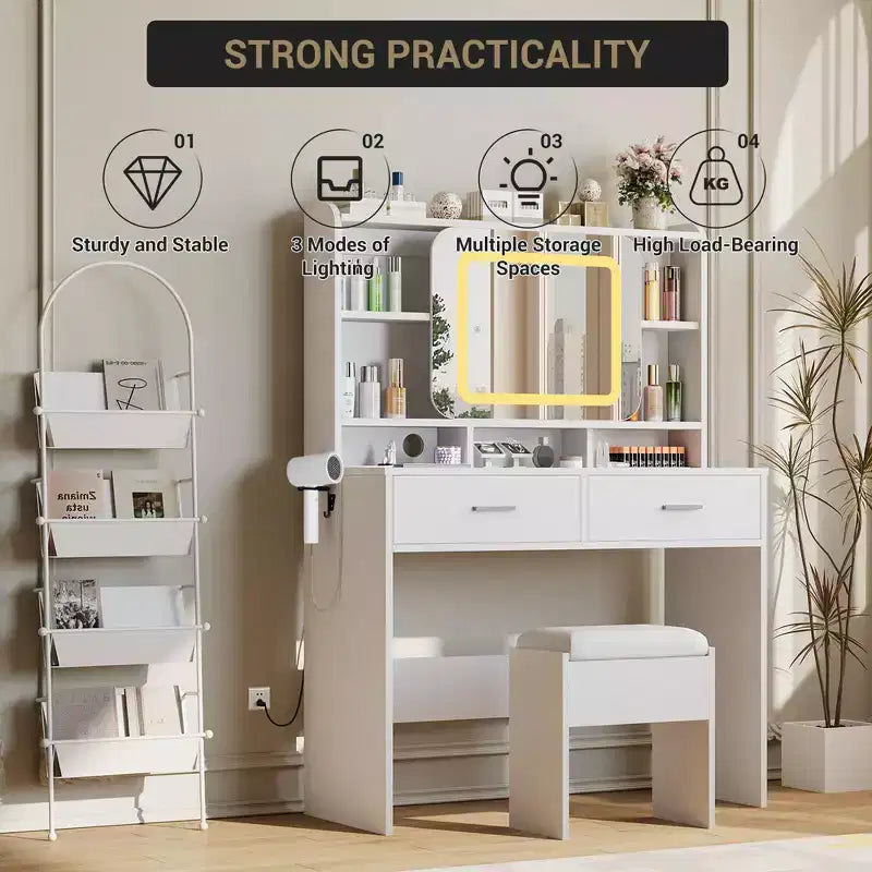 Coiffeuse avec miroir coulissant, lumières LED et station de recharge, coiffeuse compacte de 100 cm (39'') de large avec tabouret pour petites chambres