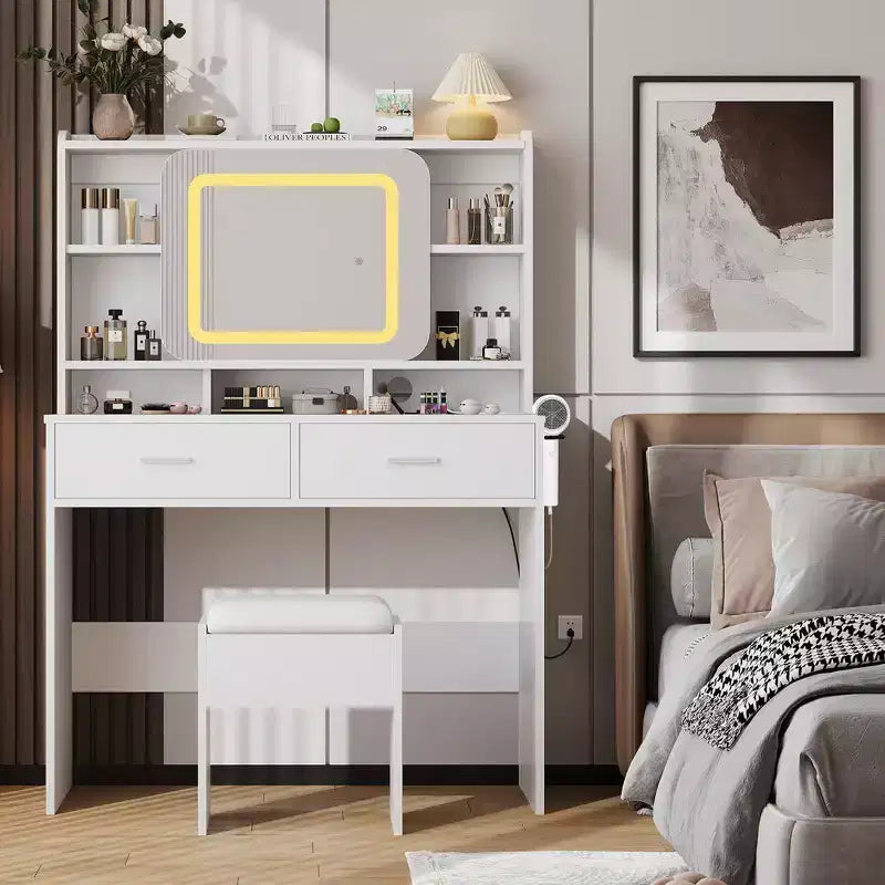 Coiffeuse avec miroir coulissant, lumières LED et station de recharge, coiffeuse compacte de 100 cm (39'') de large avec tabouret pour petites chambres