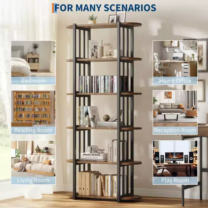 COZONY Étagère à Livres Industrielle en Bois de 180 cm, Unité de Rangement Ouverte à 6 Niveaux avec Cadre Métallique pour la Maison et le Bureau