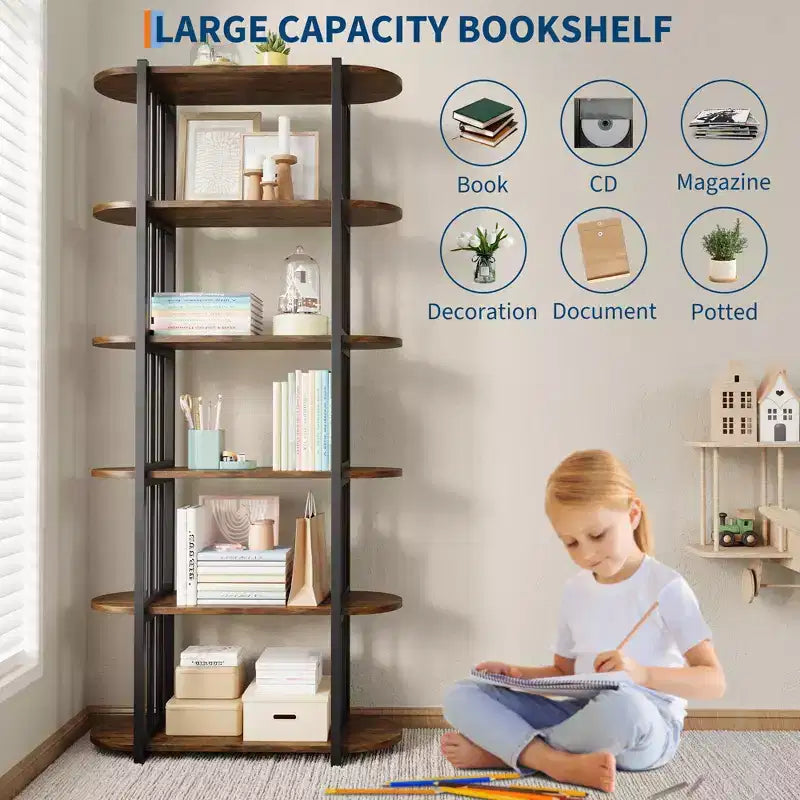 COZONY Étagère à Livres Industrielle en Bois de 180 cm, Unité de Rangement Ouverte à 6 Niveaux avec Cadre Métallique pour la Maison et le Bureau