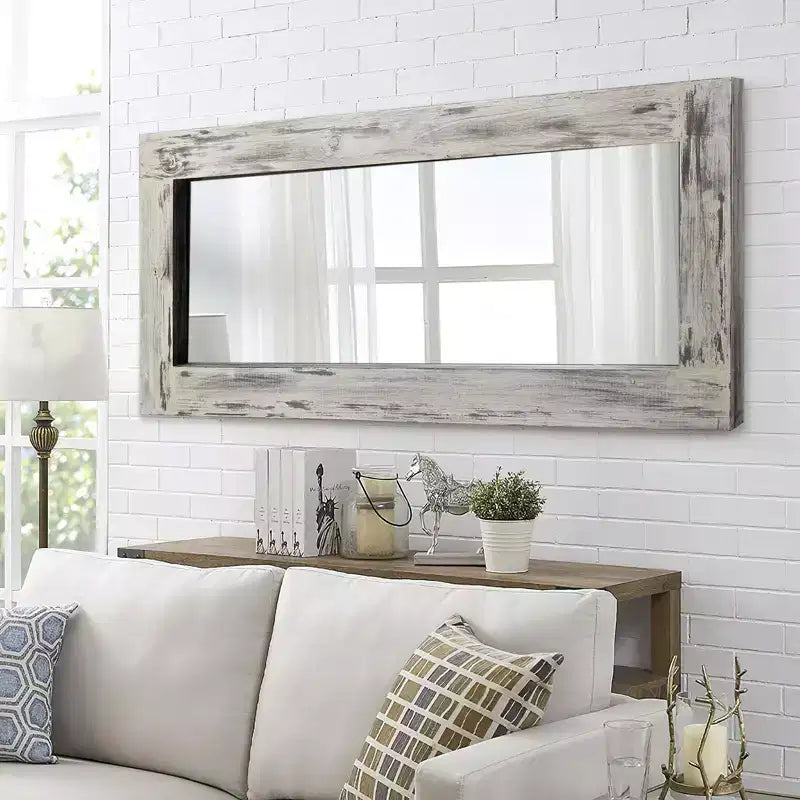 Miroir pleine longueur rectangulaire à angle droit en bois massif blanc de 58x24 pouces (sans support)