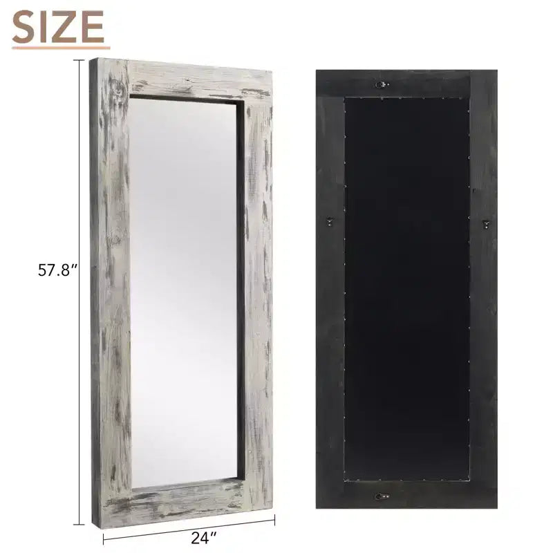 Miroir pleine longueur rectangulaire à angle droit en bois massif blanc de 58x24 pouces (sans support)