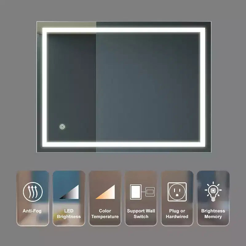 Acekool 32 x 24 Pouces Miroir de Salle de Bain, Miroir de Coiffeuse Mural avec Commande Tactile, Luminosité Réglable, Anti-Buée, Sélection de la Température de Couleur