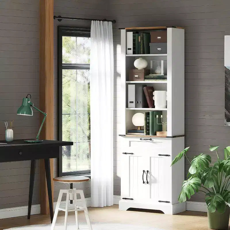 Acekool 4 Tier Farmhouse Bookcase with Doors, White Bookshelf with Drawer Storage Cabinet and Adjustable Shelf, 24 x 12 x 72 Inch