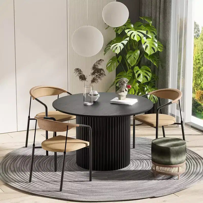PexFix 46 inch Wood Round Dining Table Circle Kitchen Table with Wood Strip Base Modern Farmhouse Dinner Tables for Kitchen Living Room Black