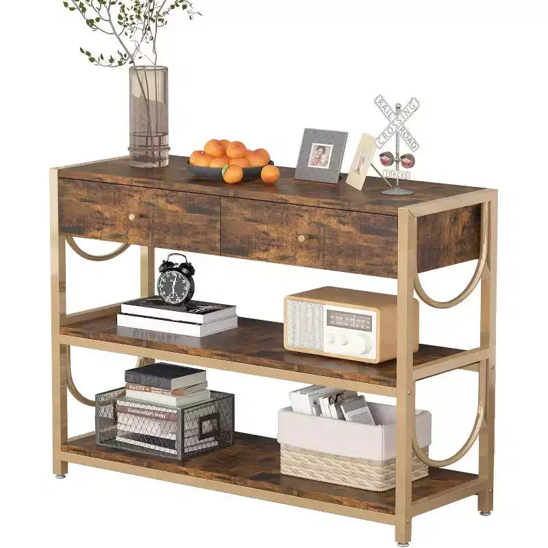 Console en U dorée, porte-manteau de style ottoman pour entrée avec accents décoratifs en acier de Damas, solution de rangement élégante pour couloir et hall d'entrée
