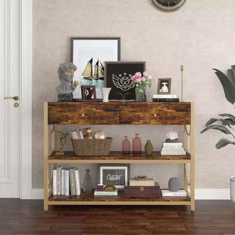 Console en U dorée, porte-manteau de style ottoman pour entrée avec accents décoratifs en acier de Damas, solution de rangement élégante pour couloir et hall d'entrée