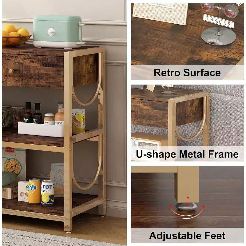 Console en U dorée, porte-manteau de style ottoman pour entrée avec accents décoratifs en acier de Damas, solution de rangement élégante pour couloir et hall d'entrée