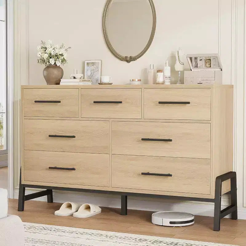 Commode de rangement moderne de 132 cm avec 7 tiroirs spacieux, meuble de rangement pour salon, chambre à coucher