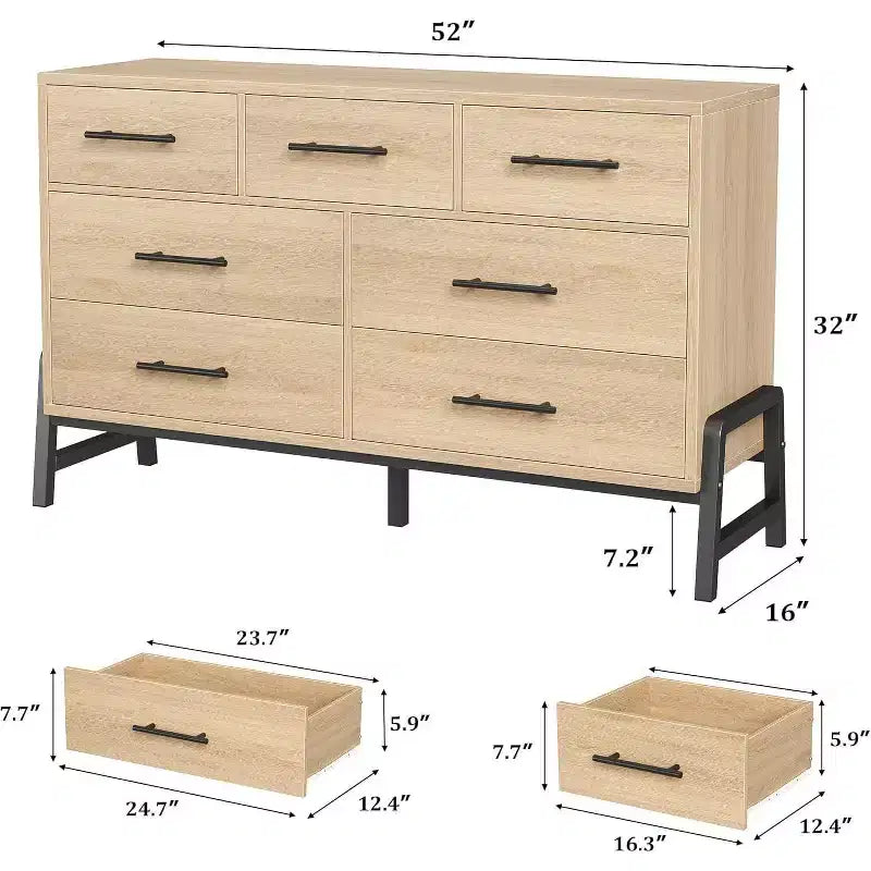 Commode de rangement moderne de 132 cm avec 7 tiroirs spacieux, meuble de rangement pour salon, chambre à coucher