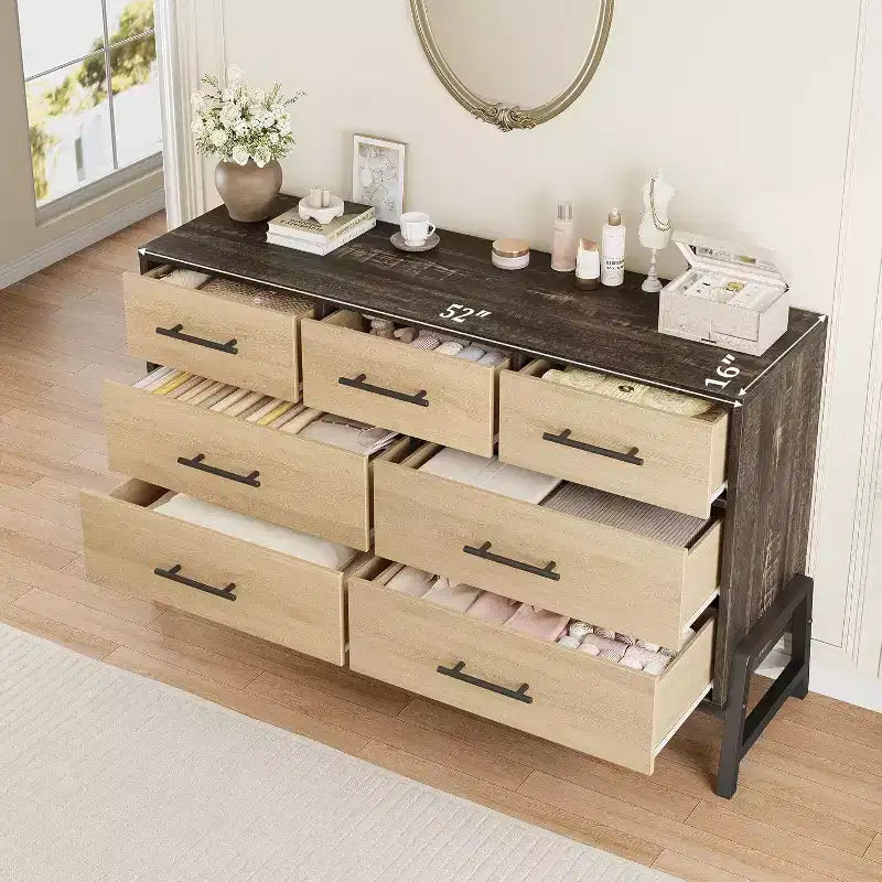 Commode de rangement moderne de 132 cm avec 7 tiroirs spacieux, meuble de rangement pour salon, chambre à coucher