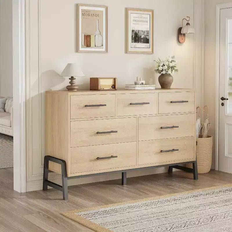 Commode de rangement moderne de 132 cm avec 7 tiroirs spacieux, meuble de rangement pour salon, chambre à coucher