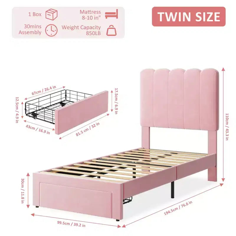 COZONY Cadre de lit jumeau avec tiroir de rangement et tête de lit ondulée, lit plateforme avec lattes en bois pour chambre d'enfants et de filles, pas besoin de sommier tapissier