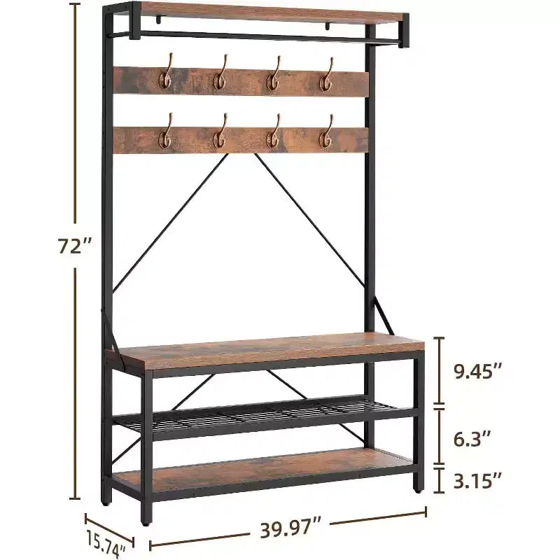 Porte-manteau banc à chaussures COZONY 72, banc d'entrée 4 en 1 avec 8 crochets et étagère de rangement à 3 niveaux, organiseur d'entrée autoportant avec accent en bois