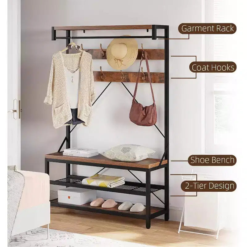 Porte-manteau banc à chaussures COZONY 72, banc d'entrée 4 en 1 avec 8 crochets et étagère de rangement à 3 niveaux, organiseur d'entrée autoportant avec accent en bois